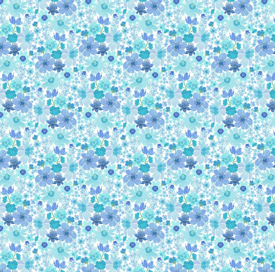 Spring Cheer digital small floral blue fabric by Heatherlee Chan for Clothworks, sold in half-yard increments