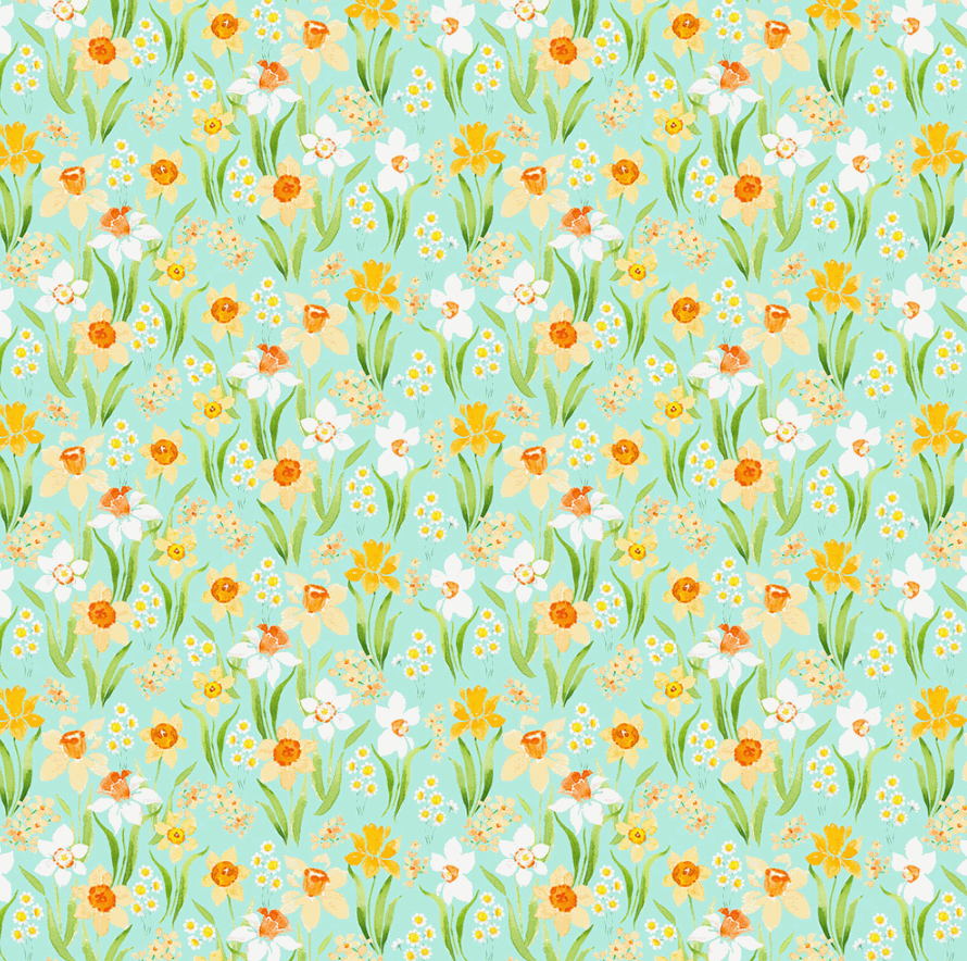 Spring Cheer Digital Daffodils fabric with light teal background by Heatherlee Chan for Clothworks