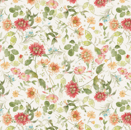 Hummingbird Days digital mixed floral fabric with hummingbirds and flowers on light cream background by Katie Pertiet