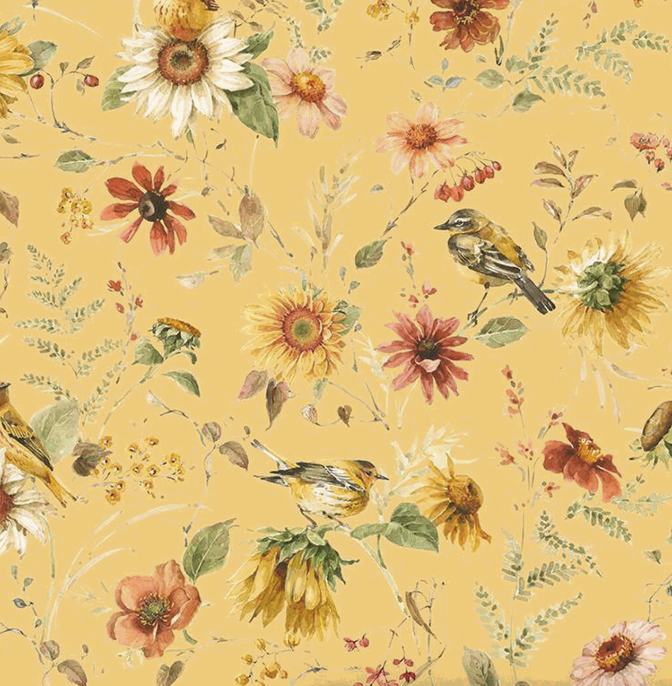 Sunflower Whispers fabric by Lisa Audit with yellow prairie background, floral and bird print, wide back quilting fabric