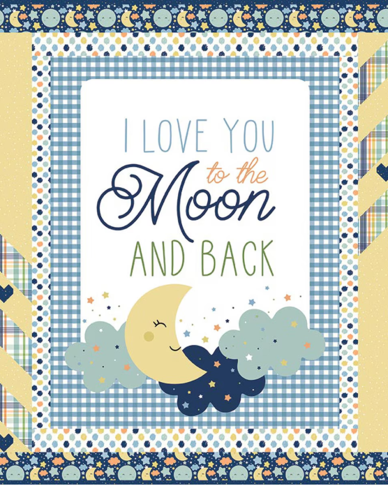 Love You to the Moon blue panel quilt kit with pattern and fabric, 51.5"x51.5" pre-order, October 2026 ship date