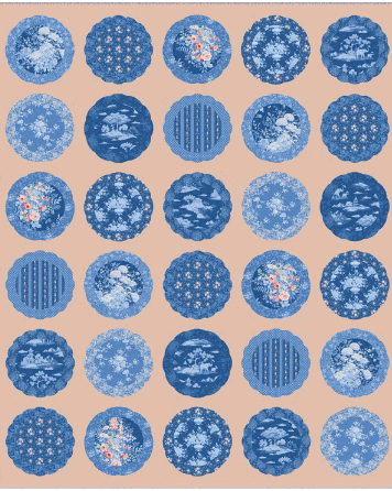 Pre-order Bowl Collection Quilt Kit featuring blue and white plate appliqué design on dusty peach background, 62.5" x 74.5"