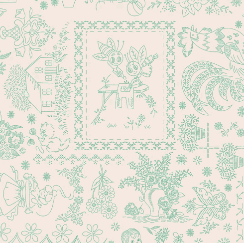 Berry & Sage Wildflowers embroidery fabric by Lori Holt in warm latte tones with vintage florals and sage hues