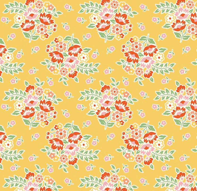 Peach Cobbler Posy Yellow fabric by Lily Ashbury for Riley Blake Designs showcasing wild blooms and homespun textures