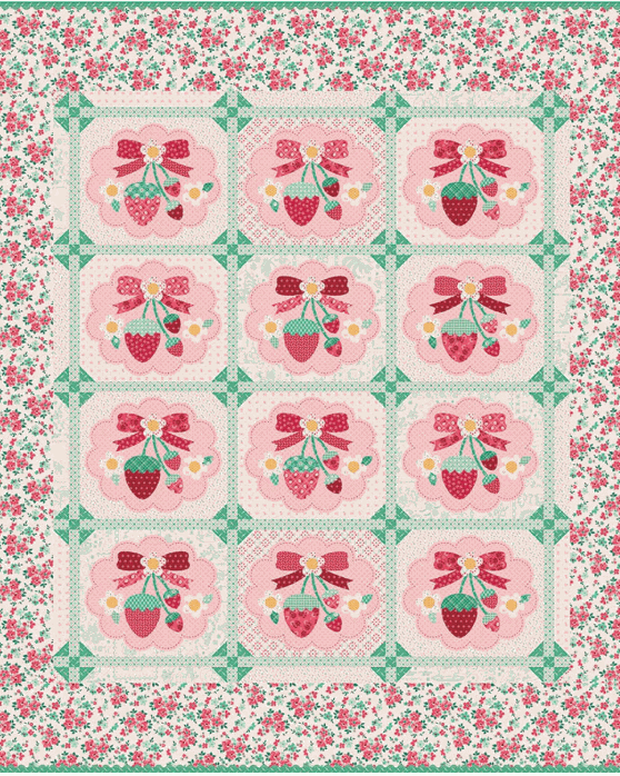 Strawberry Blossom Quilt Kit featuring Berry & Sage fabric by Lori Holt with quilt pieces in strawberry-shaped box