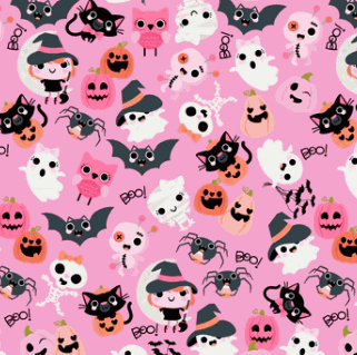 Not Scary Halloween fabric with pink boos and bows by Jill & Rani for Poppie Cotton
