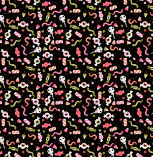 Not Scary Halloween fabric with friendly ghosts and witches in vibrant pink, orange, grey, and green tones by Jill & Rani for Poppie Cotton