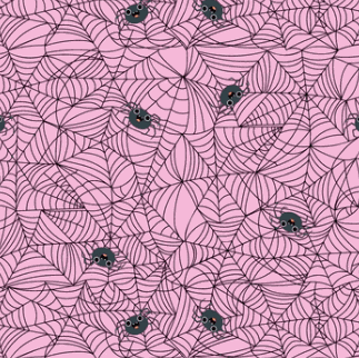 Spunky Spidey Pink Halloween fabric with playful ghosts and witches by Jill & Rani for Poppie Cotton
