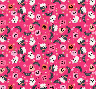 Not Scary Halloween fabric with friendly ghosts, witches, and critters in dark pink by Jill & Rani for Poppie Cotton