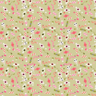 Not Scary Halloween fabric with friendly ghosts and witches in green by Jill & Rani for Poppie Cotton