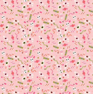 Not Scary fabric with playful pink Halloween-themed sweets and friendly ghosts by Jill & Rani for Poppie Cotton