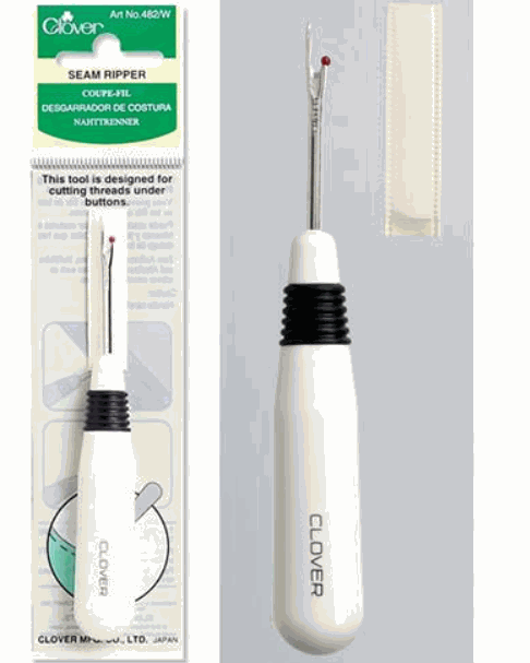 White plastic Clover Seam Ripper with slim metal tip for cutting threads and buttonholes