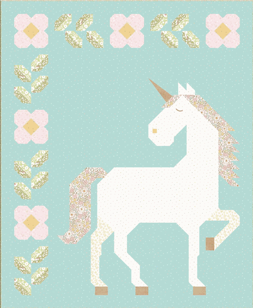 Unicorn Garden Quilt Kit featuring Little Posies fabric by Cayla Naylor, 59x72 inches, pre-order with pattern and fabric in keepsake box