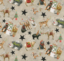 Northern Christmas fabric with snowmen, woodland animals, buffalo checks, and star-topped trees in red, black, green, and neutral colors