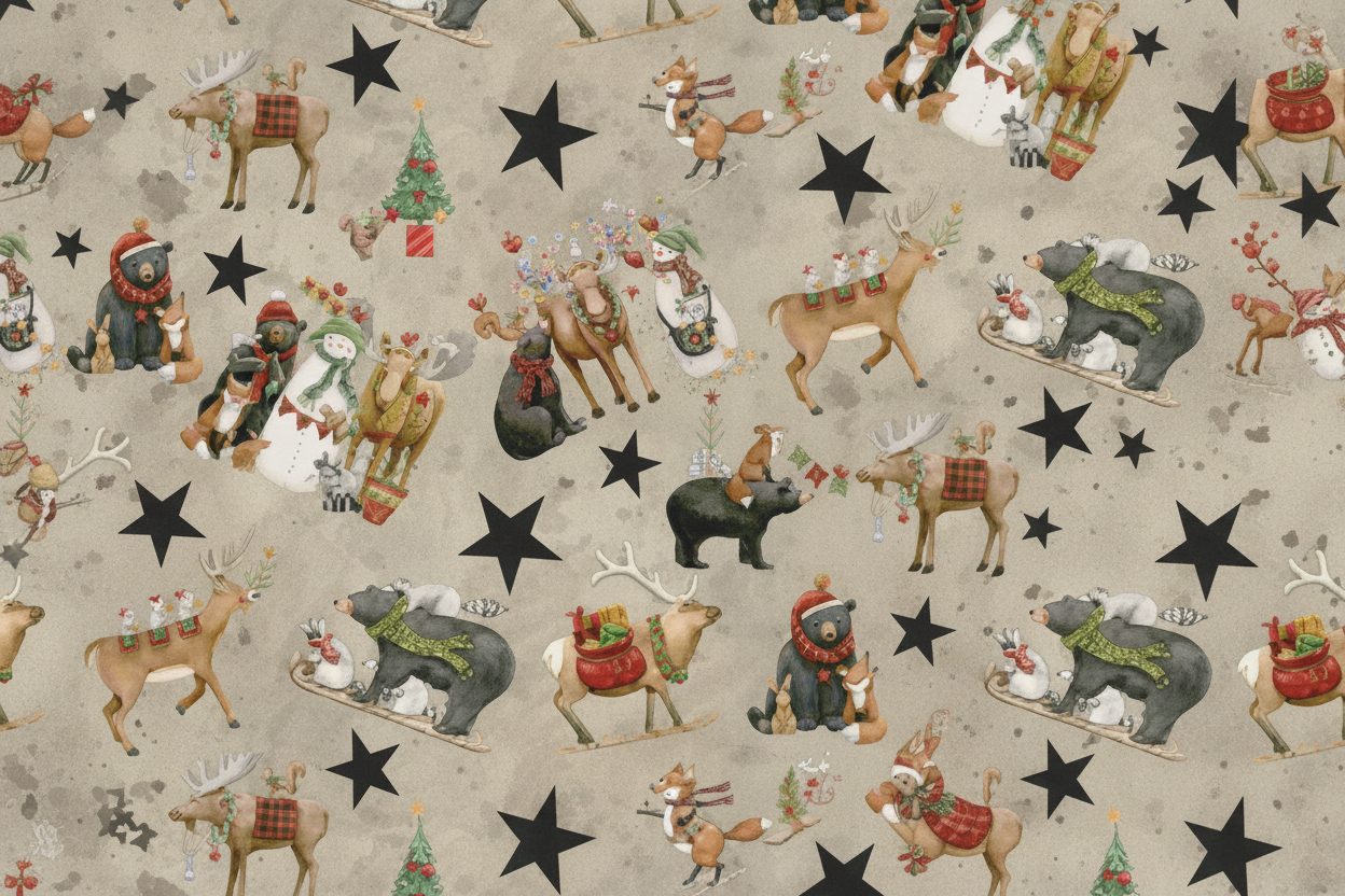 Northern Christmas fabric with snowmen, woodland animals, buffalo checks, and star-topped trees in red, black, green, and neutral colors
