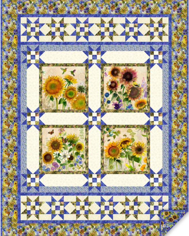Sunflower Blooms Quilt Kit featuring Sunflower Song fabric by Sue Zipkin, 60x78 inch quilt top and binding pieces displayed