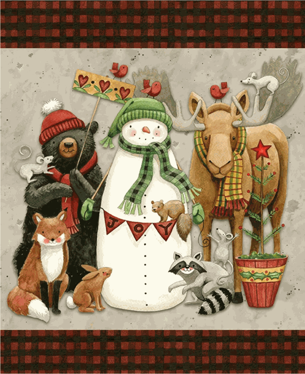 Northern Christmas panel with folk art snowmen, woodland animals, and Christmas trees in red, black, green, and neutral colors
