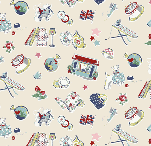 Cream fabric with Cath Kidston® Signature Collection nostalgic floral and British life icons design