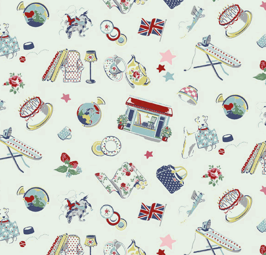 Cath Kidston® Signature Collection Icons Mist fabric with nostalgic florals and British themed prints
