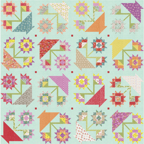 Lilly Quilt Kit by Aria and Ava Quilts with Laguna Sunrise fabric in aqua background, 75" throw quilt top and binding included