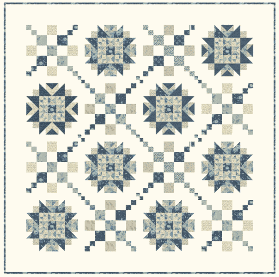 Bleu De France Quilt Kit featuring blue and cream star pattern using Sacre Bleu fabric by French General for Moda Fabrics, 70x70 inches
