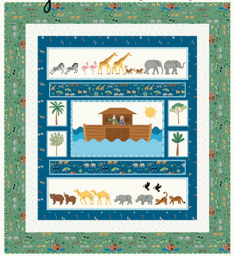 Two By Two Panel Quilt Kit featuring Noah's Ark and animals by Cayla Naylor for Riley Blake, 55x61 inches