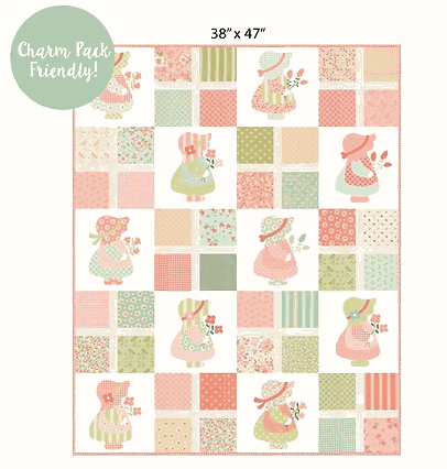 Hopscotch Quilt Kit with Sunbonnet design, 38x47 inches, charm pack friendly, pastel colors, floral and patchwork pattern