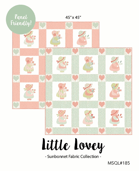 Little Lovey Quilt Kit with pink and blue Sunbonnet collection fabric panels, 45x45 inches quilt top and binding options