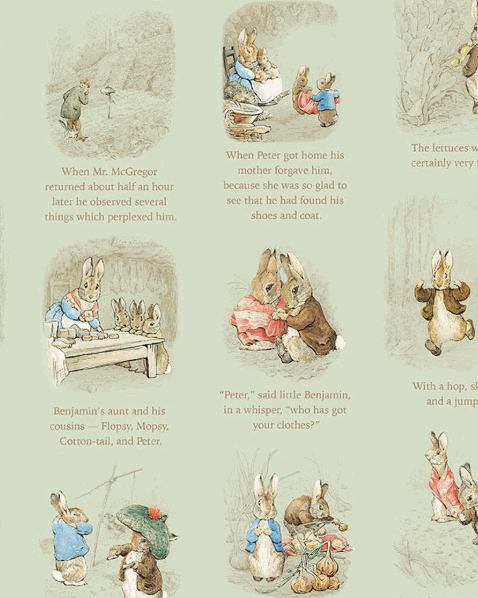 Peter’s Garden Adventures fabric backing kit featuring Peter Rabbit and Benjamin Bunny quilt design in soft beige tones