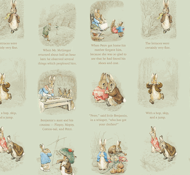 Peter’s Garden Adventures fabric backing kit featuring Peter Rabbit and Benjamin Bunny quilt design in soft beige tones
