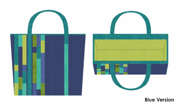 Blue Colorblock Tote Bag with asymmetrical stripes and Dotty Thatched fabric by Robin Pickens