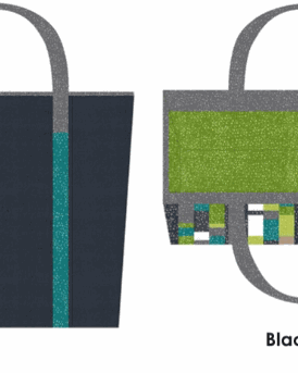 Black and green Colorblock Tote Bag with asymmetrical stripes and dotty thatched fabric design by Robin Pickens