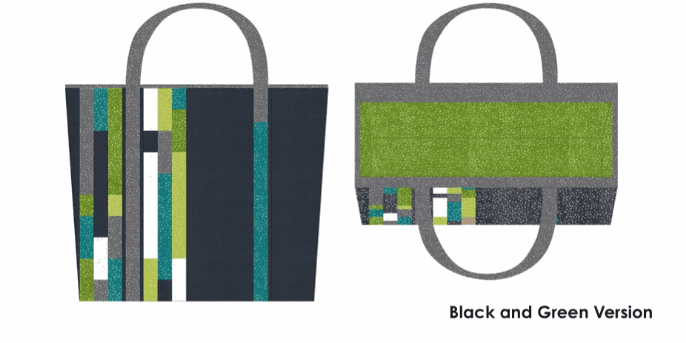 Black and green Colorblock Tote Bag with asymmetrical stripes and dotty thatched fabric design by Robin Pickens