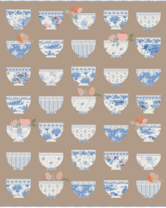 Bowl Collection Quilt Kit featuring blue and white pottery bowl designs with appliqué flowers in two colorways