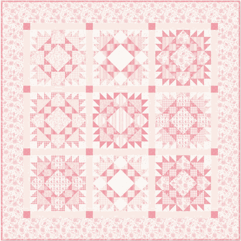 Rose Berry Quilt Kit featuring Sweet Pink fabric bundle and pattern by My Mind's Eye for a 68x68 inch quilt