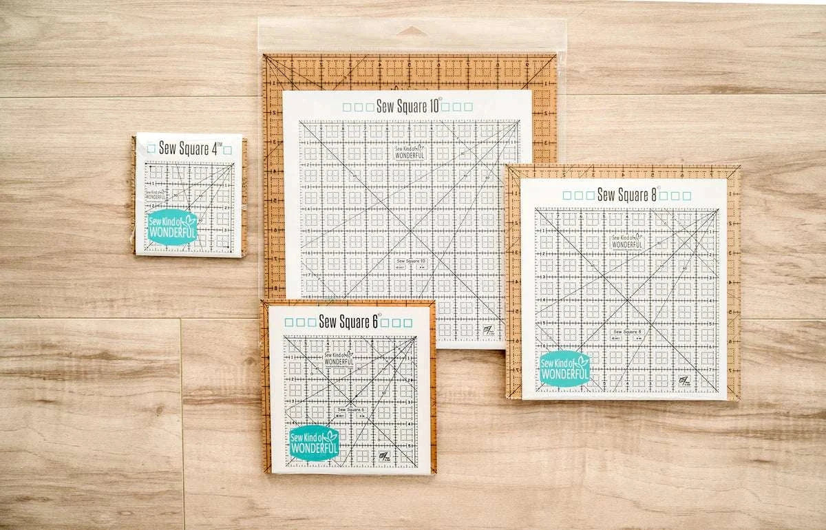 Sew Square Ruler Set of 4 clear square quilting rulers in 4, 6, 8, and 10 inch sizes