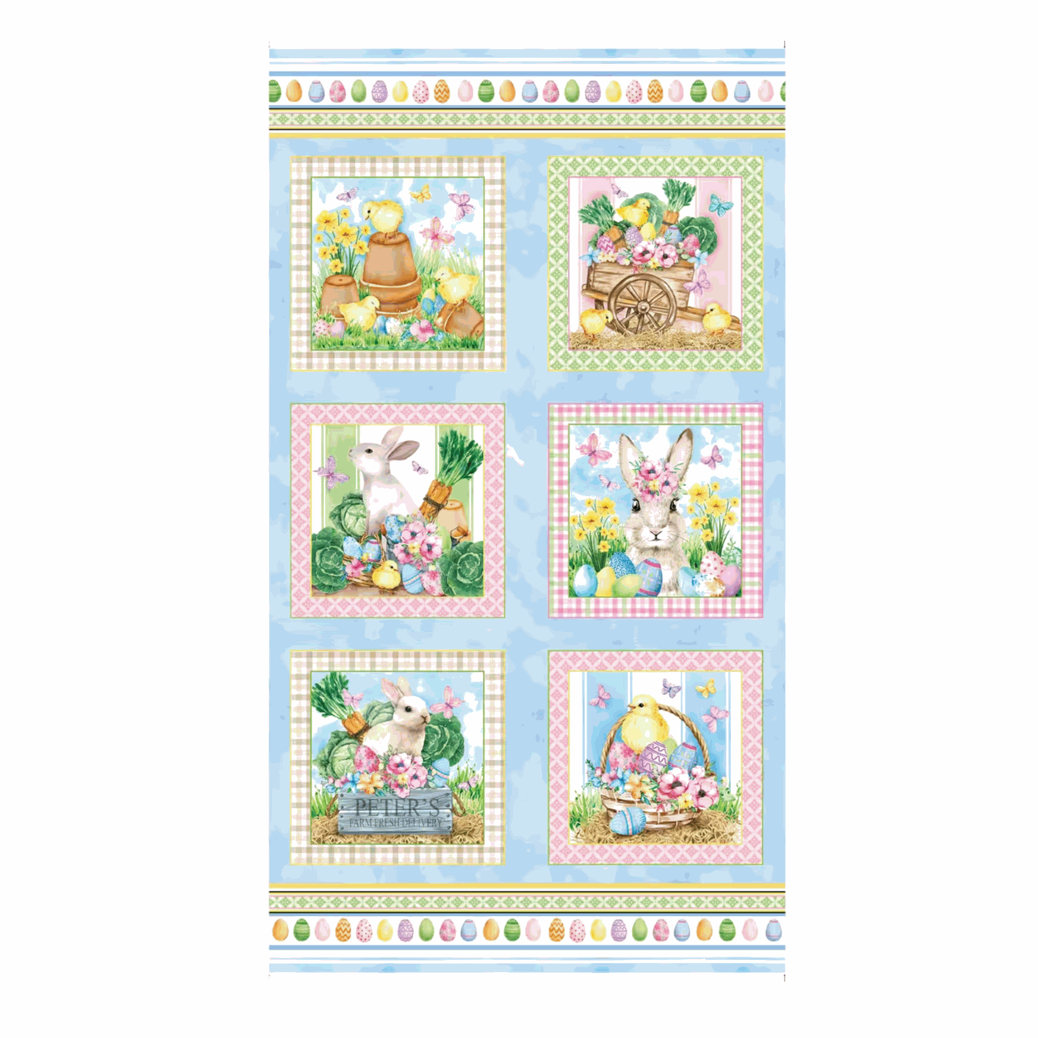 Cottontail Farms Easter panel with rabbits, chicks, flowers, and eggs on blue background by Nicole Decamp for Benartex