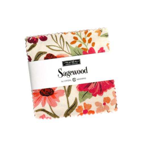 Sagewood Mini Charm fabric squares with vibrant floral and foliage patterns by Crystal Manning for quilting and home décor projects