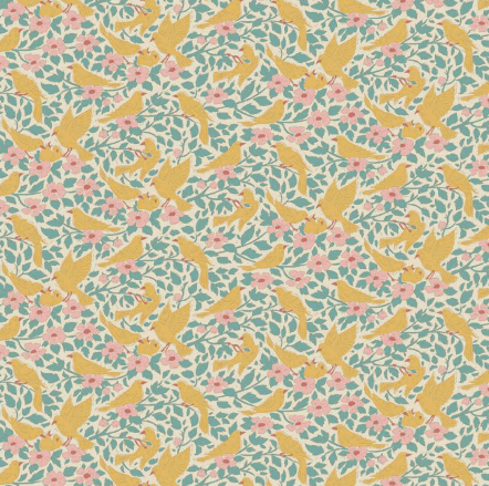 Songbird Ava in Teal fabric with yellow birds and floral pattern by TILDA, sold in half-yard increments