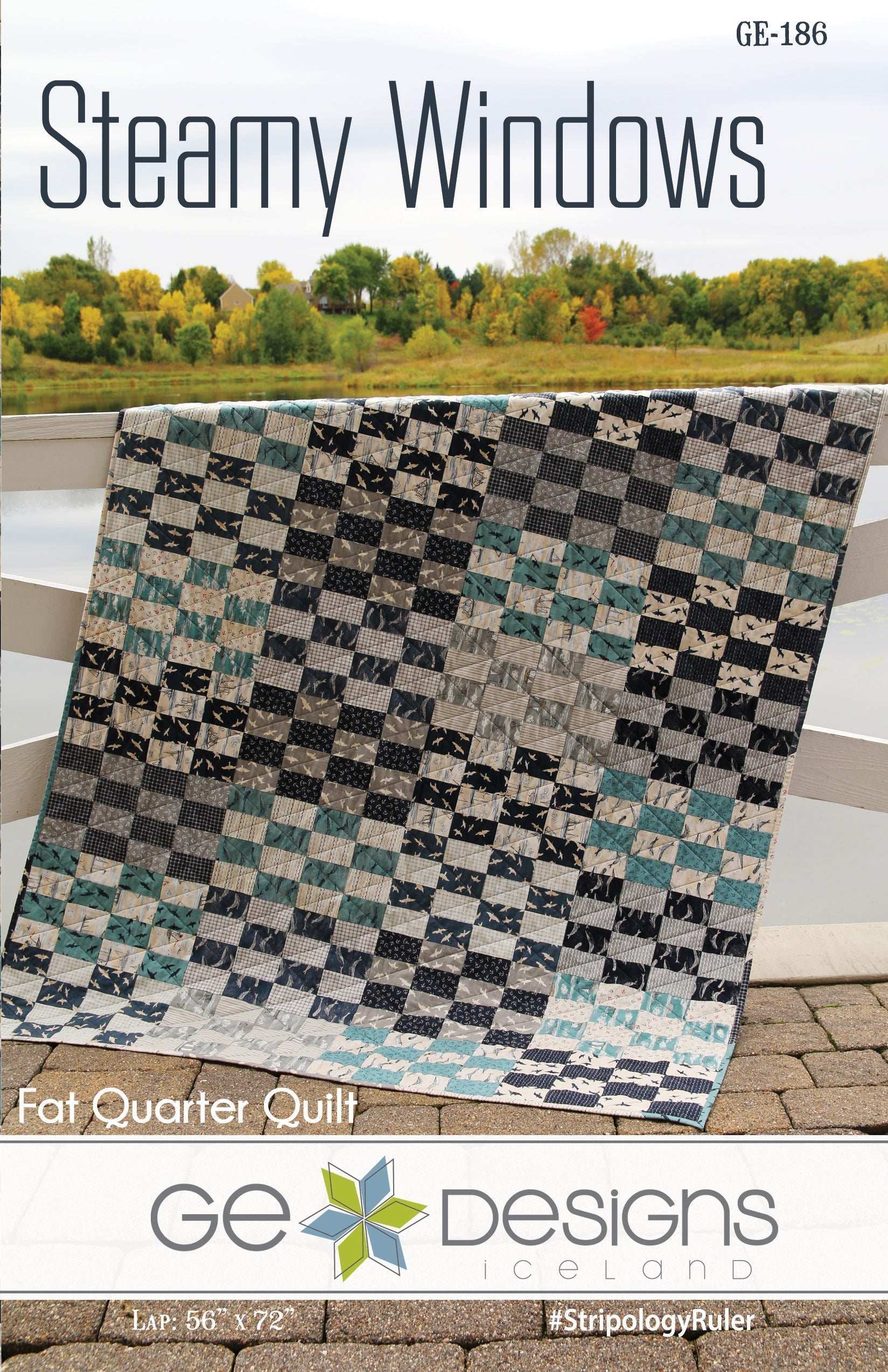 Steamy Windows Pattern quilt made with fat quarters featuring multiple size options and Stripology ruler for easy cutting