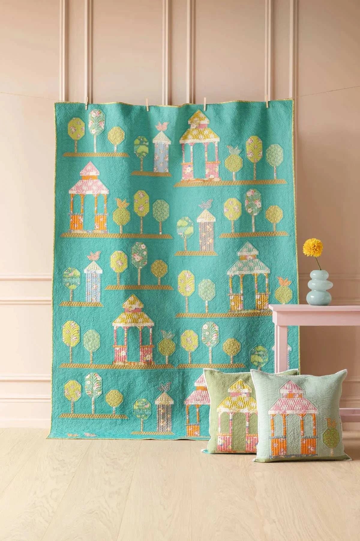 Walk in the Park Quilt Kit featuring Sunday Brunch fabric with gazebos and trees on aqua background