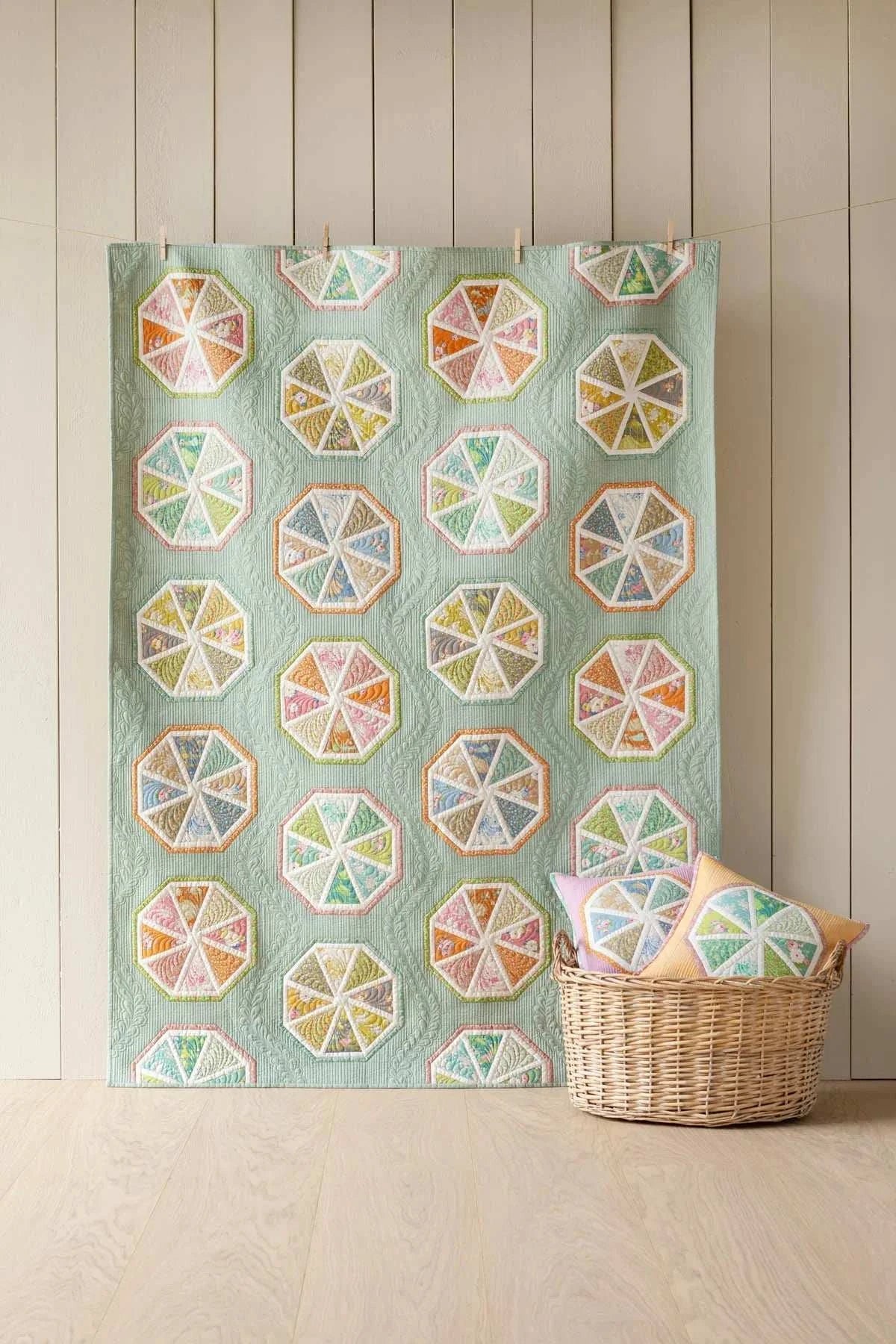 Spiked Lemonade Quilt Kit with citrus slice blocks on sage background from Sunday Brunch by TILDA