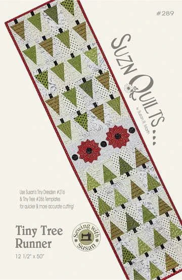 Tiny Tree Runner quilt pattern with green triangle trees and red flower accents by Suzn Quilts, 12.5 by 50 inches, printed quilting pattern.
