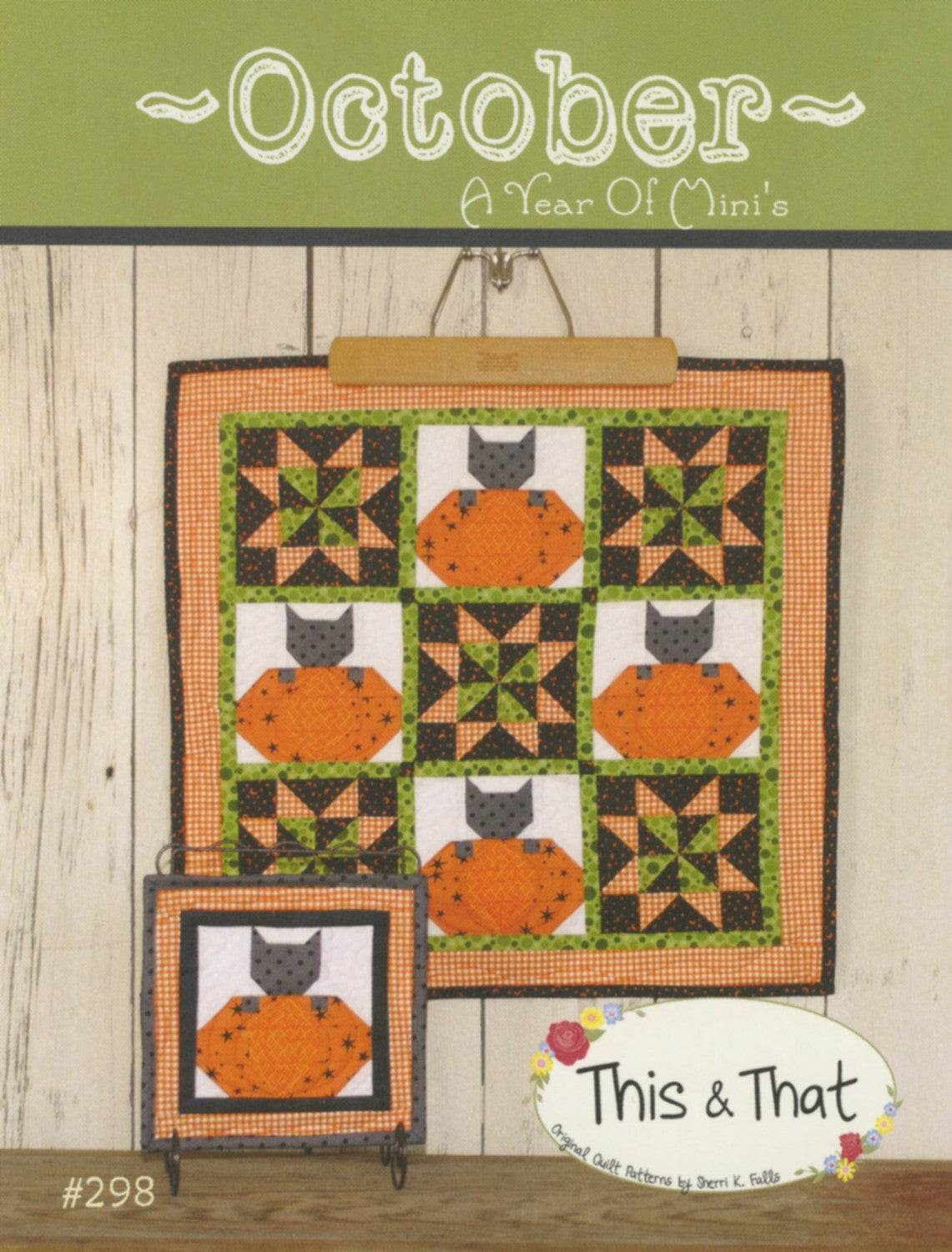 A Year of Mini's October quilt pattern featuring pumpkin and star designs in 8x8 and 20x20 sizes