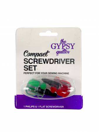The Gypsy Quilter compact sewing machine screwdriver set with Philips and Flat screwdrivers in grooved handles