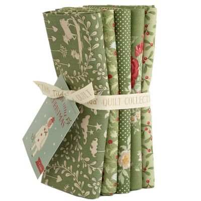 Merry Little Christmas green fat quarter bundle with Nordic vintage floral and polka dot patterns by TILDA