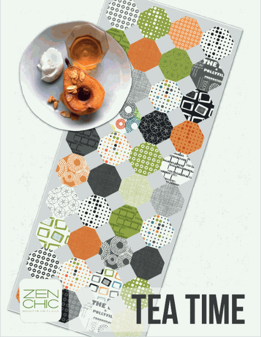 Tea Time Table Runner Kit with Honeybloom fabrics by 3 Sisters for Moda, featuring hexagon patterns and binding.