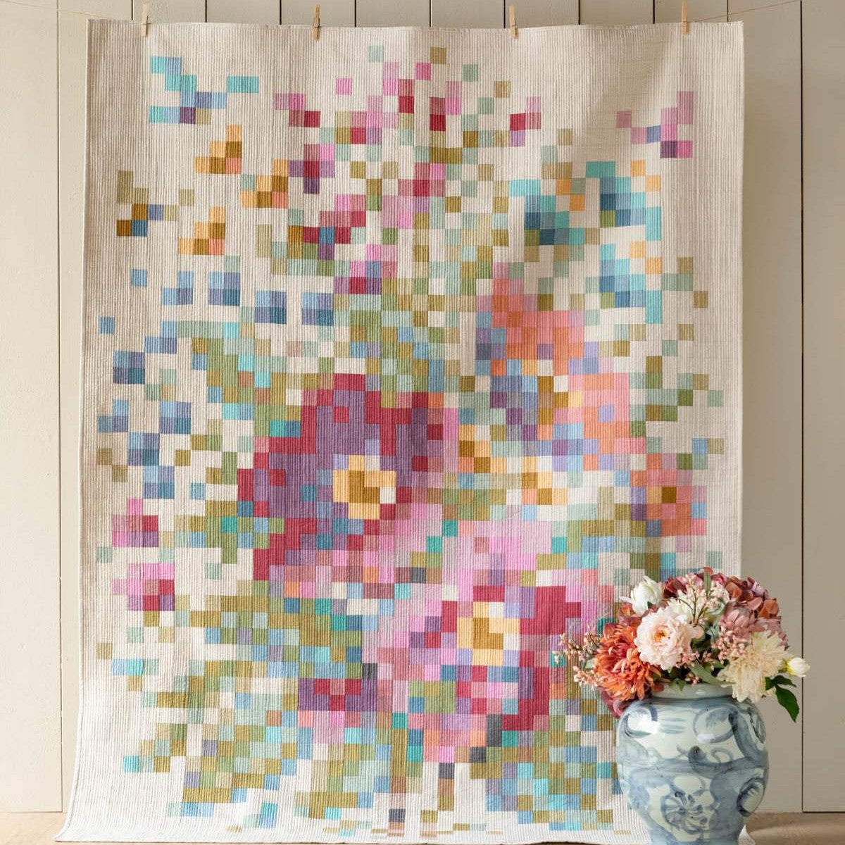 Flower Branch Embroidery Quilt kit with colorful floral pixel design on chambray fabric, 63.5x81.5 inches