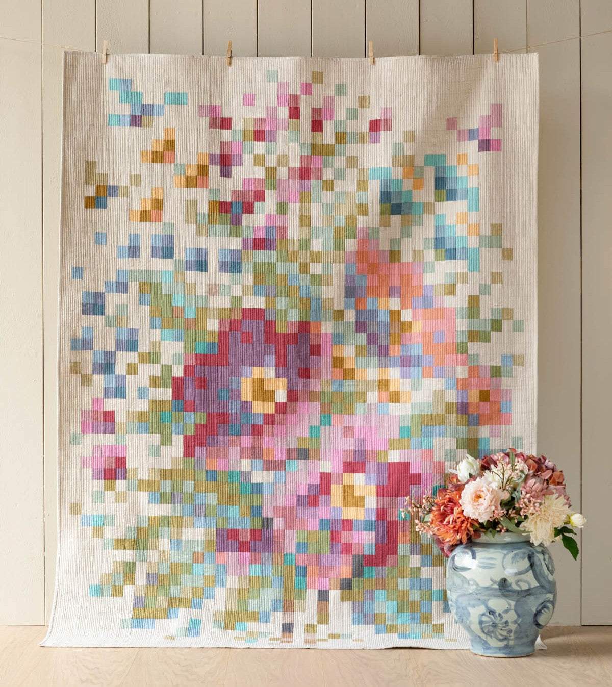 Flower Branch Embroidery Quilt kit with colorful floral pixel design on chambray fabric, 63.5x81.5 inches