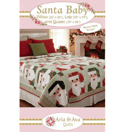 Santa Baby Quilt Pattern featuring festive Santa faces on a quilt with coordinating pillows and sizes for pillow, lap, and queen beds with bonus table runner design